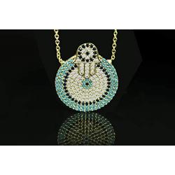 DAHI SHOP Turkish Greek Third Evil Eye Necklace Hamsa Hand of Fatima Delivered With Jewelry Gift Box Natural Gemstone 16'' Chain Gold-tone + 2'' Extender