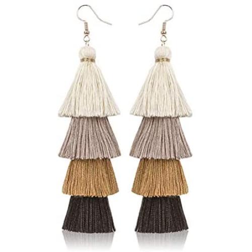 Bohemian Layered Long Pom Pom Tassel Earrings Drop Dangle Tiered Ombre Fringe for Women Teen Girls