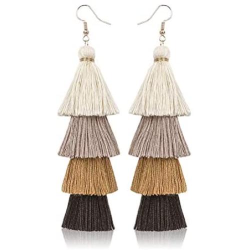 Bohemian Layered Long Pom Pom Tassel Earrings Drop Dangle Tiered Ombre Fringe for Women Teen Girls