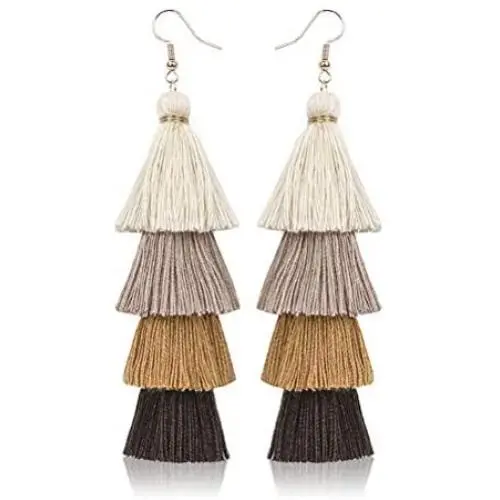 Bohemian Layered Long Pom Pom Tassel Earrings Drop Dangle Tiered Ombre Fringe for Women Teen Girls