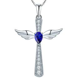 YL Cross Necklace 925 Sterling Silver Angel Wings Pendant Teardrop Cubic Zirconia Criss Jewelry