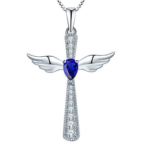 YL Cross Necklace 925 Sterling Silver Angel Wings Pendant Teardrop Cubic Zirconia Criss Jewelry