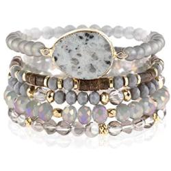 Bohemian Multi Layer Beaded Strand Stack Bracelets - Sparkly Crystal, Natural Stone Pendant, Rhinestone Bead Statement Stretch Adjustable Bangle Set