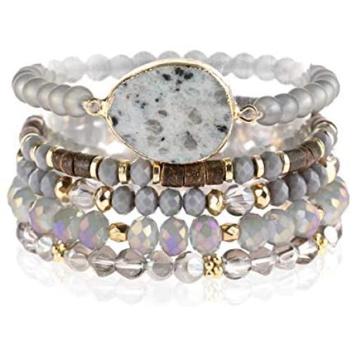 Bohemian Multi Layer Beaded Strand Stack Bracelets - Sparkly Crystal, Natural Stone Pendant, Rhinestone Bead Statement Stretch Adjustable Bangle Set