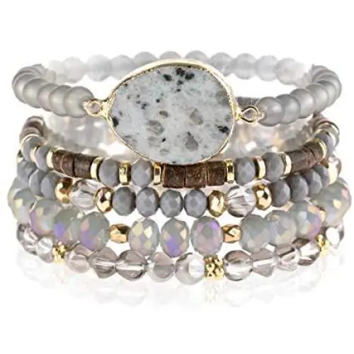 Bohemian Multi Layer Beaded Strand Stack Bracelets - Sparkly Crystal, Natural Stone Pendant, Rhinestone Bead Statement Stretch Adjustable Bangle Set Bohemian Multi Layer Beaded Strand Stack Bracelets - Sparkly Crystal, Natural Stone Pendant, Rhinestone Bead Statement Stretch Adjustable Bangle Set