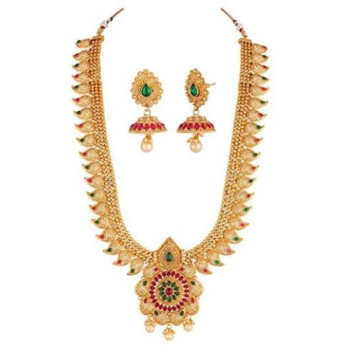 Crunchy Fashion Bollywood Style Gold Plated Traditional Indian Jewelry Necklace Set with Earrings & Tika for Women/Girls