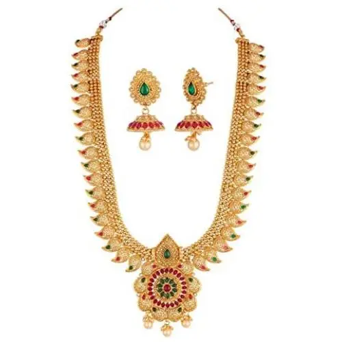 Crunchy Fashion Bollywood Style Gold Plated Traditional Indian Jewelry Necklace Set with Earrings & Tika for Women/Girls Crunchy Fashion Bollywood Style Gold Plated Traditional Indian Jewelry Necklace Set with Earrings & Tika for Women/Girls