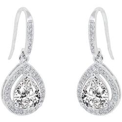 Cate & Chloe Isabel 18k White Gold Teardrop CZ Earrings, Drop Dangle-Earrings, Best Silver Earrings for Women, Girls, Ladies, Halo Drop Earrings with CZ Crystals