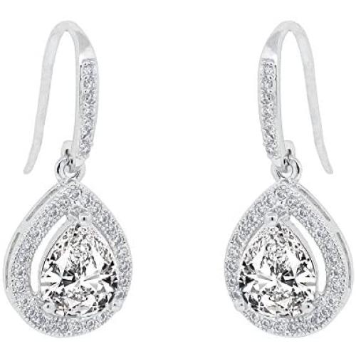Cate & Chloe Isabel 18k White Gold Teardrop CZ Earrings, Drop Dangle-Earrings, Best Silver Earrings for Women, Girls, Ladies, Halo Drop Earrings with CZ Crystals