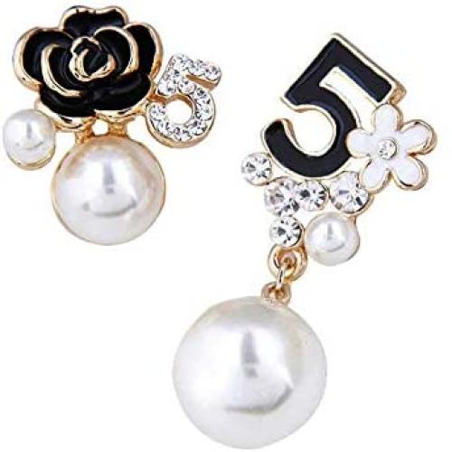 Faux Imitation Pearl White Black Floral Dangle Drop Earrings Studs