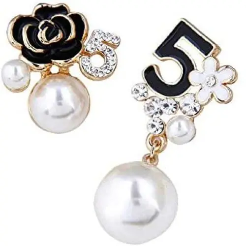 Faux Imitation Pearl White Black Floral Dangle Drop Earrings Studs Faux Imitation Pearl White Black Floral Dangle Drop Earrings Studs