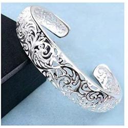 Yevison Bracelets, Womens 925 Sterling Silver Bezel Hollow Cuff Bangle Open Bracelet Jewelry Gift