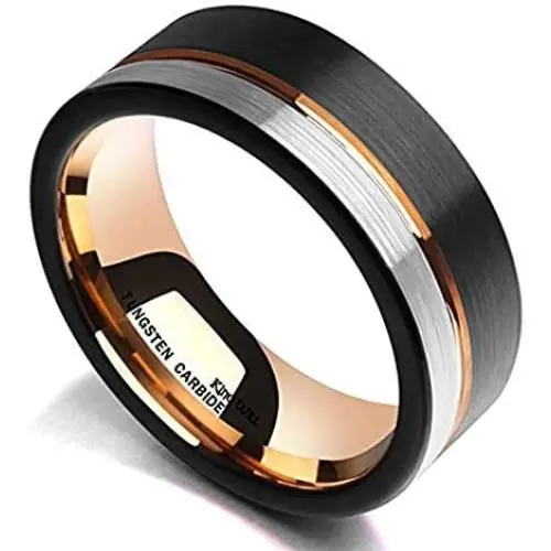 King Will LOOP Tungsten Carbide Wedding Band 6mm/8mm Rose Gold Line Ring Black and Silver Brushed Comfort Fit