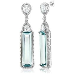 Gem Stone King 925 Sterling Silver Simulated Aquamarine Art Deco Dangle Earrings For Women (12.00 Cttw 2 Inch)