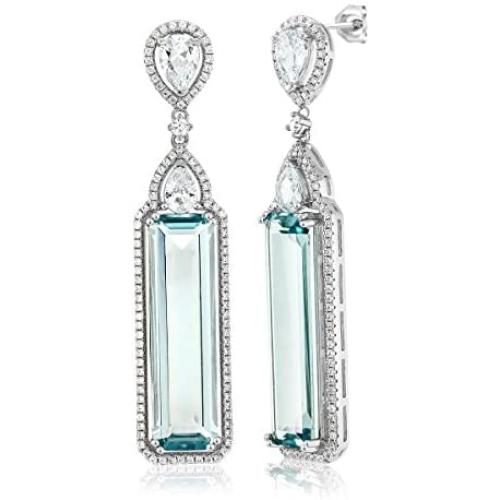 Gem Stone King 925 Sterling Silver Simulated Aquamarine Art Deco Dangle Earrings For Women (12.00 Cttw 2 Inch)