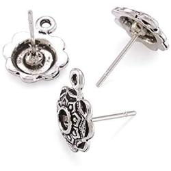 Pandahall 20pcs Antique Silver Flower Earstuds Post Earrings Rhinestone Cabochon Inlay 13.5x10mm