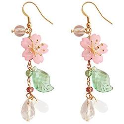 DOUBNINE Pink Flower Earrings Dangle Cherry Blossoms Sakura Teardrop Fairy Leaf Petal Drop Spring Women Accessories