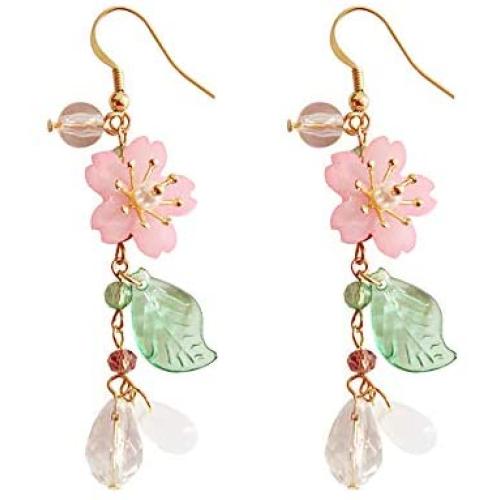 DOUBNINE Pink Flower Earrings Dangle Cherry Blossoms Sakura Teardrop Fairy Leaf Petal Drop Spring Women Accessories