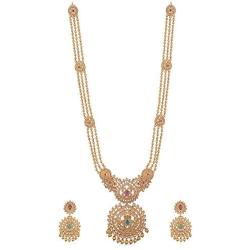 Tarinika Binal Antique Gold-Plated Indian Jewelry Set with Long Necklace and Earrings - White Red Green