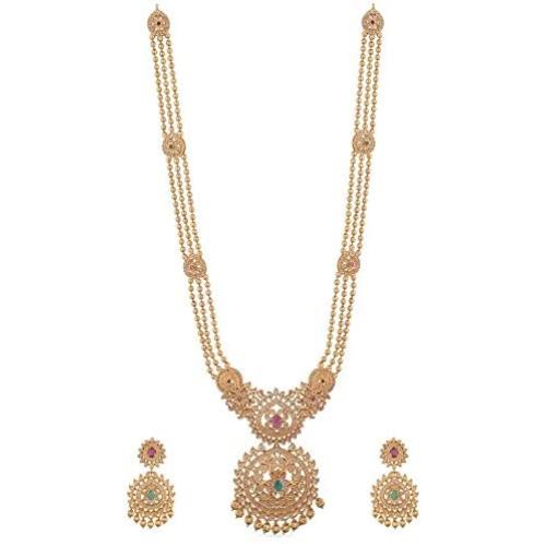 Tarinika Binal Antique Gold-Plated Indian Jewelry Set with Long Necklace and Earrings - White Red Green