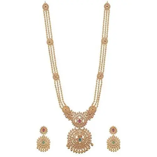 Tarinika Binal Antique Gold-Plated Indian Jewelry Set with Long Necklace and Earrings - White Red Green Tarinika Binal Antique Gold-Plated Indian Jewelry Set with Long Necklace and Earrings - White Red Green