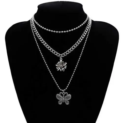 YERTTER Vintage Punk Multi layer Butterfly Flower Pendant Necklace Beaded Choker Boho Jewelry Chain for Women and Girls