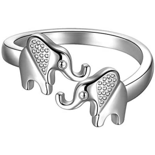 beautlace Two Elephant Adjustable Rings 18K Gold/Silver/Black Gun Plated Cute Double Elephant Animals Open Ring Jewelry for Women and Men KR0033