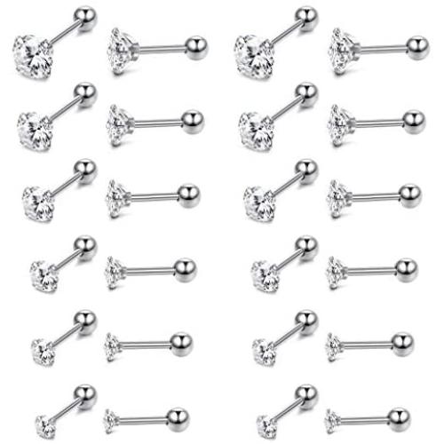 Hanpabum 12Pairs 16G Stainless Steel Cubic Zirconia Tragus Earrings for Women Girls Helix Stud Earring Body Piercing Jewelry Set