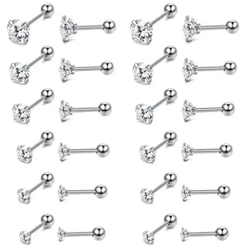 Hanpabum 12Pairs 16G Stainless Steel Cubic Zirconia Tragus Earrings for Women Girls Helix Stud Earring Body Piercing Jewelry Set