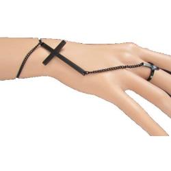 TFJ Women Wrist Bracelet Black Metal Hand Chain Fashion Jewelry Big Cross Charm Slave Ring