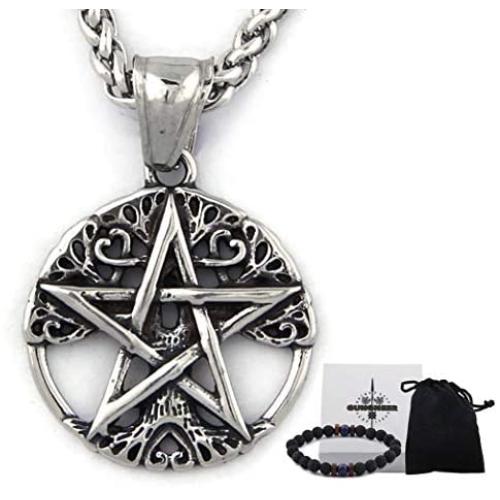 GUNGNEER Stainless Steel Tree of Life Pentacle Pentagram Star Symbol Pendant Necklace Pagan Jewelry Wiccan Amulet