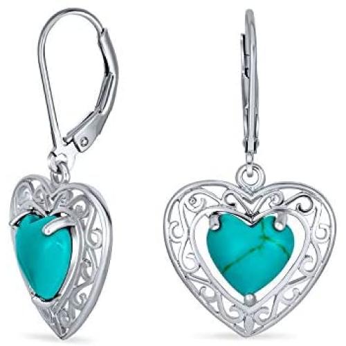 Bali Style Stabilized Turquoise Heart Shape Fish Hook Drop Earrings For Women Scroll Filigree 925 Sterling Silver