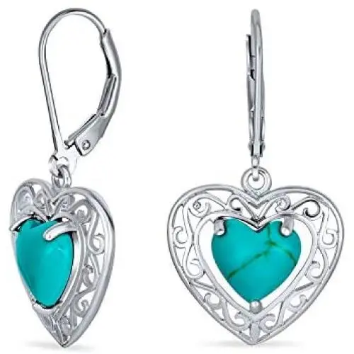 Bali Style Stabilized Turquoise Heart Shape Fish Hook Drop Earrings For Women Scroll Filigree 925 Sterling Silver Bali Style Stabilized Turquoise Heart Shape Fish Hook Drop Earrings For Women Scroll Filigree 925 Sterling Silver