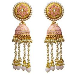 Babosa Sakhi Baby Pink Earring Meenakari Jhumki Indian Bollywood Rajasthani Jhumka Style Pearl Hangings with Polki Tops Pink Meena Traditional Drops Dangler BBE53