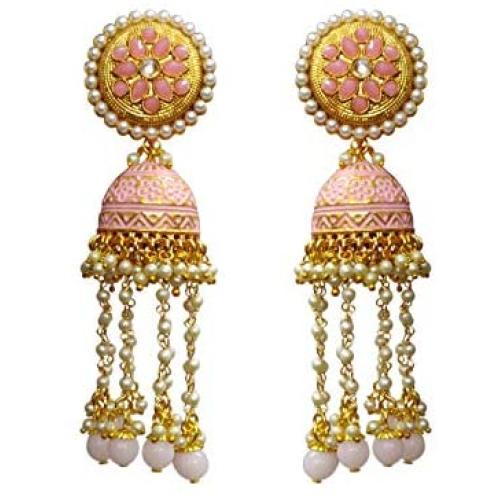 Babosa Sakhi Baby Pink Earring Meenakari Jhumki Indian Bollywood Rajasthani Jhumka Style Pearl Hangings with Polki Tops Pink Meena Traditional Drops Dangler BBE53