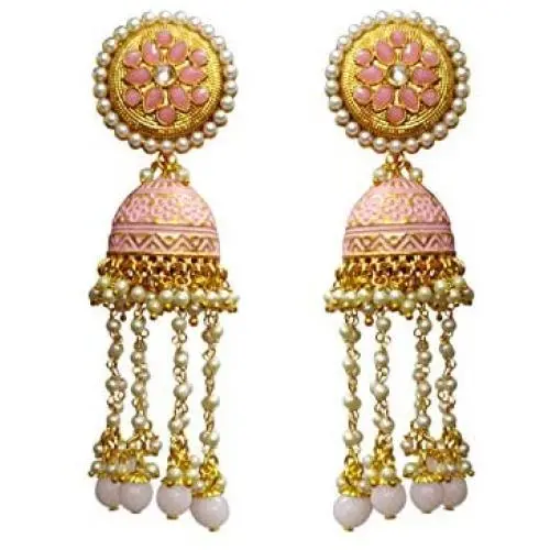 Babosa Sakhi Baby Pink Earring Meenakari Jhumki Indian Bollywood Rajasthani Jhumka Style Pearl Hangings with Polki Tops Pink Meena Traditional Drops Dangler BBE53
