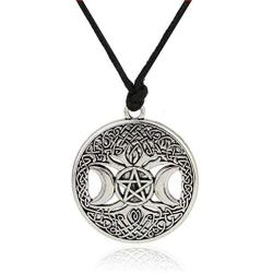 MIXIA Celttic Knot Triple Moon Pentagram Pentacle Star Wicca Pendant Necklace Round Pagan Jewelry