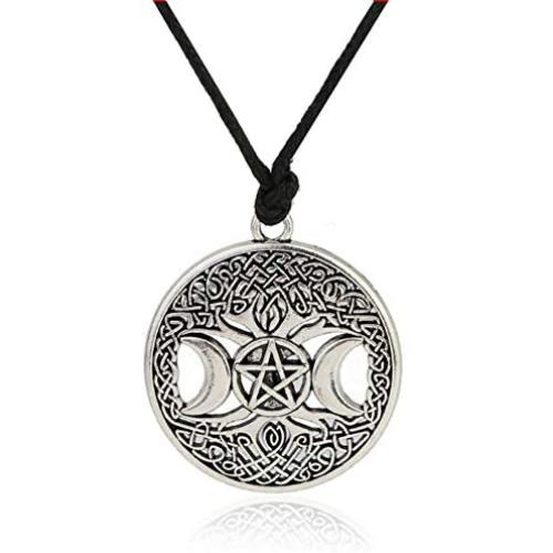 MIXIA Celttic Knot Triple Moon Pentagram Pentacle Star Wicca Pendant Necklace Round Pagan Jewelry
