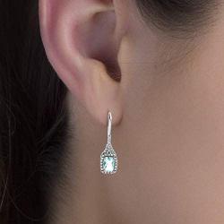 MIA SARINE Rhodium Plated Sterling Silver Rectangular Simulated Aquamarine and Cubic Zirconia Bridal Leverback Earring