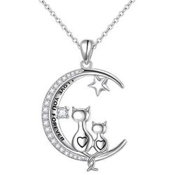 FLYOW Cat Necklace for Women Sterling Silver Double Lovely Cats on Moon Animal Crescent Moon Jewelry Gift for Lady Lovers