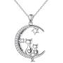 FLYOW Cat Necklace for Women Sterling Silver Double Lovely Cats on Moon Animal Crescent Moon Jewelry Gift for Lady Lovers