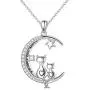 FLYOW Cat Necklace for Women Sterling Silver Double Lovely Cats on Moon Animal Crescent Moon Jewelry Gift for Lady Lovers