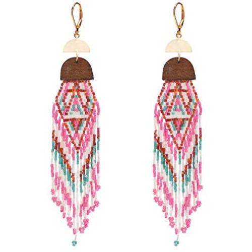 Leverback Dangle Earrings Bohemian Long Tassel Boho Women Girls Drop Handmade Beaded Statement