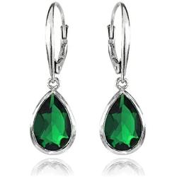 Sterling Silver Simulated Gemstone Teardrop Dainty Leverback Dangle Earrings
