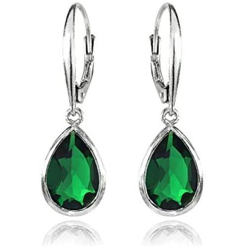Sterling Silver Simulated Gemstone Teardrop Dainty Leverback Dangle Earrings