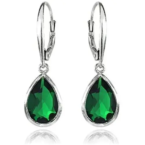 Sterling Silver Simulated Gemstone Teardrop Dainty Leverback Dangle Earrings Sterling Silver Simulated Gemstone Teardrop Dainty Leverback Dangle Earrings