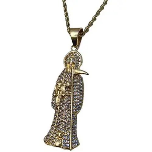 Men Women 925 Italy Gold Finish Santa Muerte Pendant Stainless Steel Real 2.5 mm Rope Chain Necklace, Mens Jewelry, Iced Pendant, Rope Necklace Nuestra Señora de la Santa Muerte