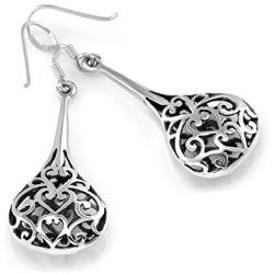 925 Sterling Silver Bali Inspired Open Filigree Puffed Teardrop 1.8 inch Dangle Hook Earrings