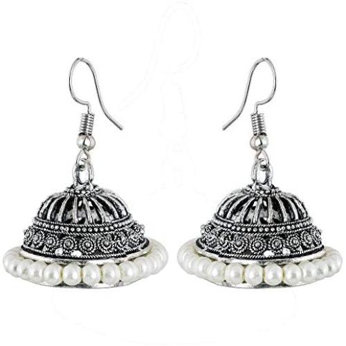 Saissa Silver Plated Oxidised Metal Bollywood Lightweight Small Jhumka Boho Earrings Indian Jewelry for Women