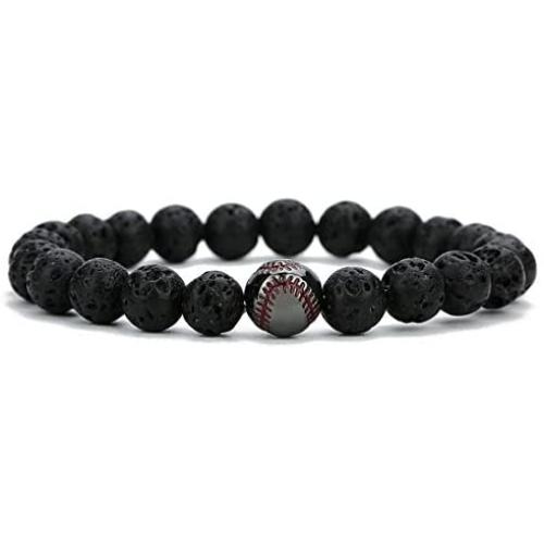 Linsoir Beads Trendy Baseball Bracelet Lava Stone/White Howlite/Matte Black Stone Beaded Bracelet Sports Jewelry for Boy Gift Jewelry 1 pc